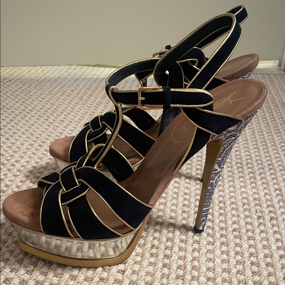 Yves Saint Laurent Black and Gold Knot Heels